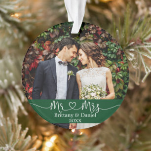 Calligraphy Heart Mr. and Mrs. Wedding Photo Green Ornament