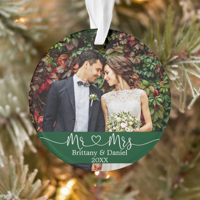 Calligraphy Heart Mr. and Mrs. Wedding Photo Green Ornament (Tree)