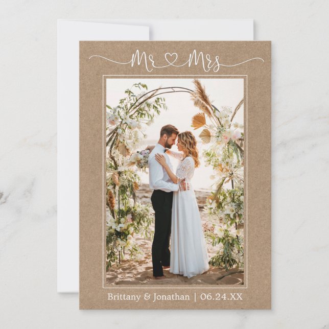 Calligraphy Heart Mr. and Mrs. Wedding Photo Kraft Thank You Card (Front)