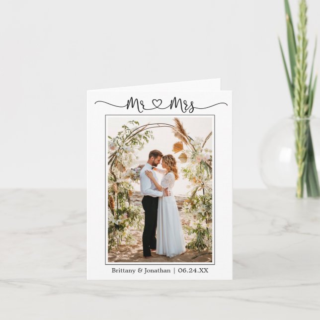 Calligraphy Heart Mr. and Mrs. Wedding Photo Note Thank You Card (Front)