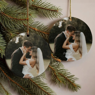 Calligraphy Heart Mr. and Mrs. Wedding Photo Ornament