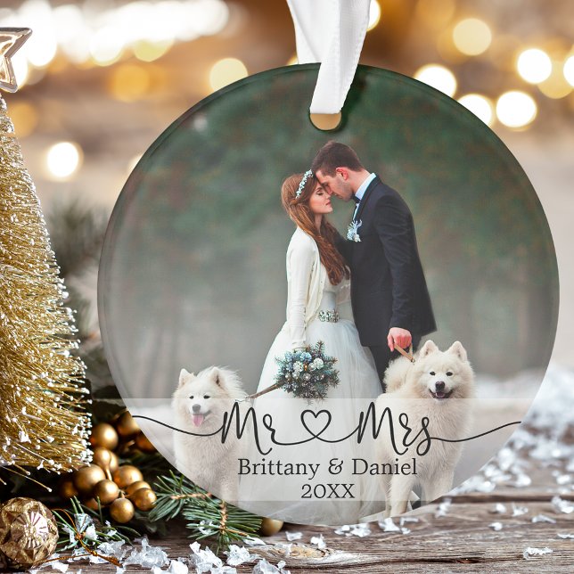 Calligraphy Heart Mr. and Mrs. Wedding Photo Ornament (Customize to change your personalized text style or size.)