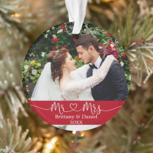Calligraphy Heart Mr. and Mrs. Wedding Photo Red Ornament