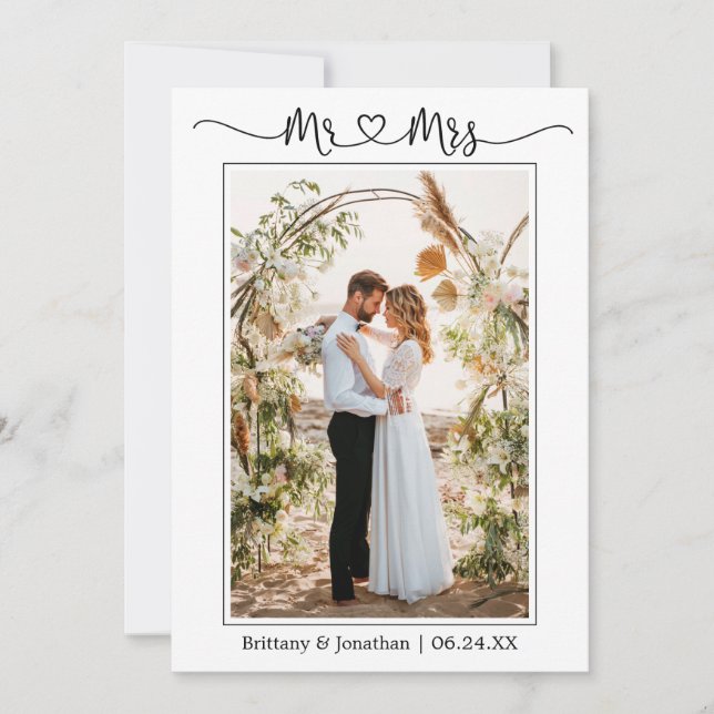 Calligraphy Heart Mr. and Mrs. Wedding Photo Thank You Card (Front)