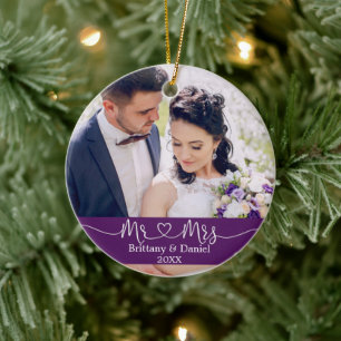 Calligraphy Heart Mr. and Mrs. Wedding Purple Ceramic Tree Decoration