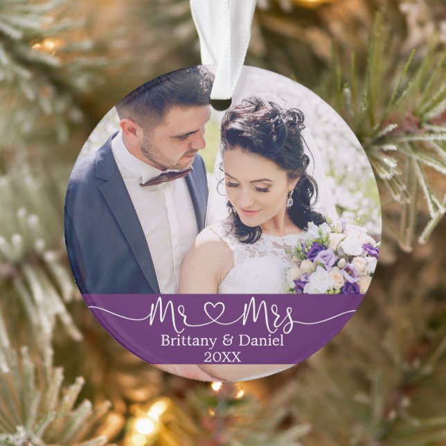 Calligraphy Heart Mr. and Mrs. Wedding Purple Ornament (Tree)