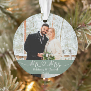 Calligraphy Heart Mr. and Mrs. Wedding Sage Green Ornament