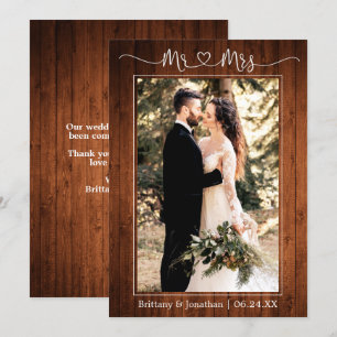 Calligraphy Heart Mr. and Mrs. Wood Wedding Photo Thank You Card