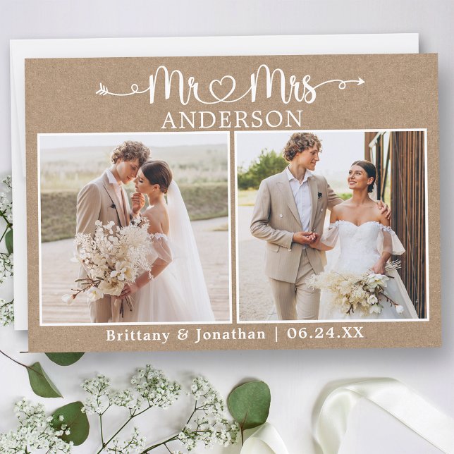 Calligraphy Heart Mr. Mrs. 2 Photo Kraft Wedding Thank You Card (Customize to change your personalized text size or text style.)