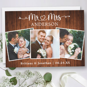 Calligraphy Heart Mr. Mrs. 3 Photos Wedding Wood Thank You Card