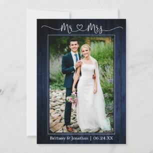 Calligraphy Heart Mr. Mrs. Blue Wood Wedding Photo Thank You Card