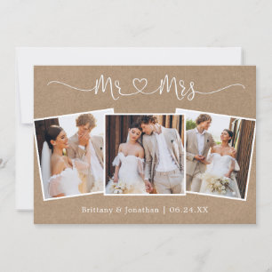 Calligraphy Heart Mr. Mrs. Wedding 3 Photo Kraft Thank You Card
