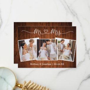 Calligraphy Heart Mr. Mrs. Wedding 3 Photo Wood Thank You Card
