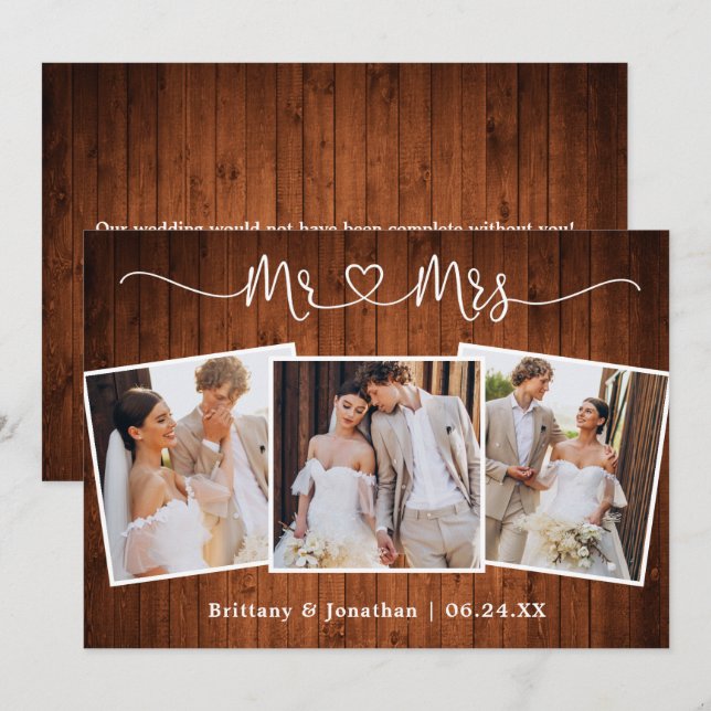 Calligraphy Heart Mr. Mrs. Wedding 3 Photo Wood Thank You Card (Front/Back)