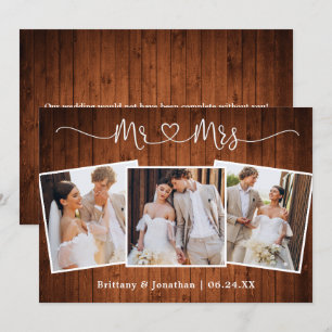 Calligraphy Heart Mr. Mrs. Wedding 3 Photo Wood Thank You Card