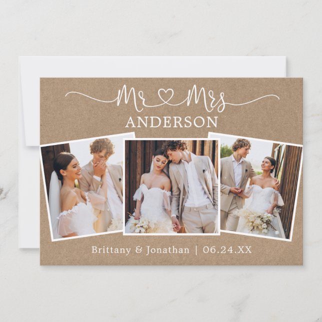 Calligraphy Heart Mr. Mrs. Wedding 3 Photos Kraft Thank You Card (Front)