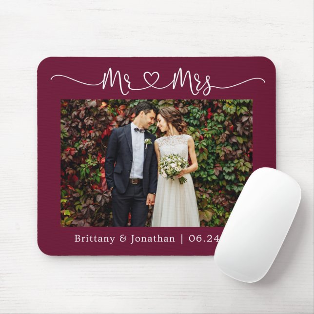 Calligraphy Heart Mr. Mrs. Wedding Burgundy Mouse Mat (With Mouse)