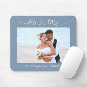 Calligraphy Heart Mr. Mrs. Wedding Dusty Blue Mouse Mat