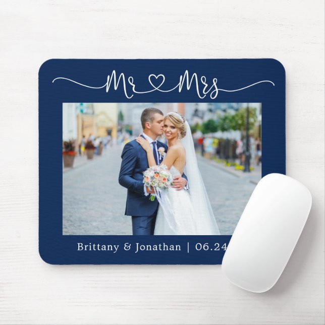 Calligraphy Heart Mr. Mrs. Wedding Navy Blue Mouse Mat (With Mouse)