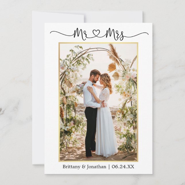Calligraphy Heart Mr. Mrs. Wedding Photo Gold Thank You Card (Front)