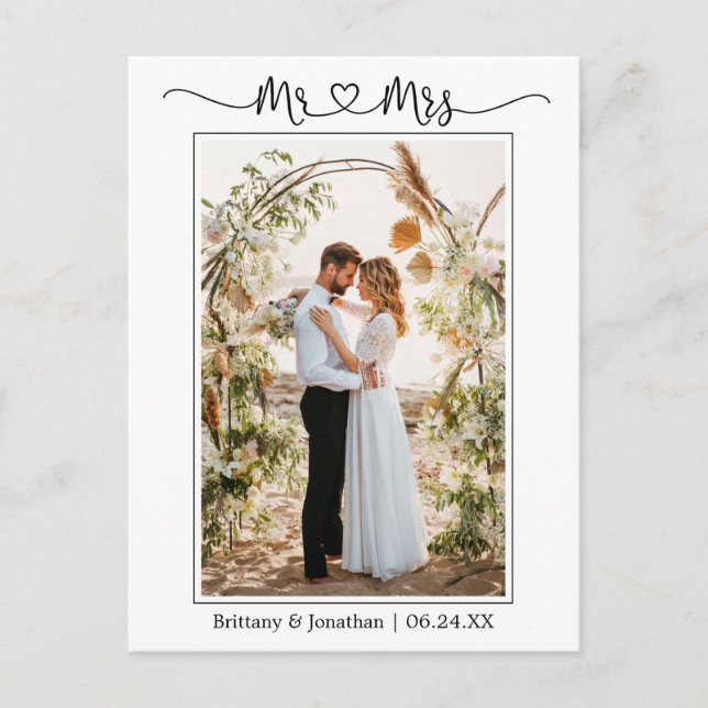 Calligraphy Heart Mr. Mrs. Wedding Photo Thank You Postcard (Front)