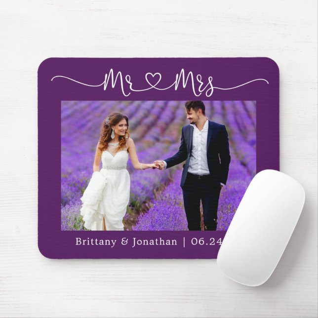 Calligraphy Heart Mr. Mrs. Wedding Purple Mouse Mat (With Mouse)