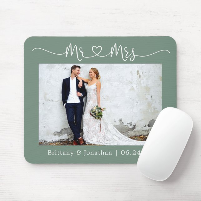 Calligraphy Heart Mr. Mrs. Wedding Sage Green Mouse Mat (With Mouse)