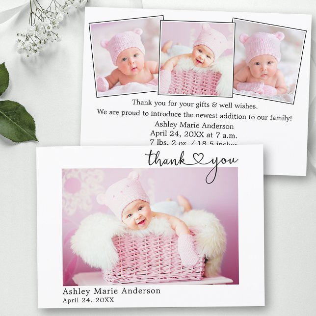 Calligraphy Heart New Baby 4 Photo Thank You Card (Customize to change your personalized text size or text style.)