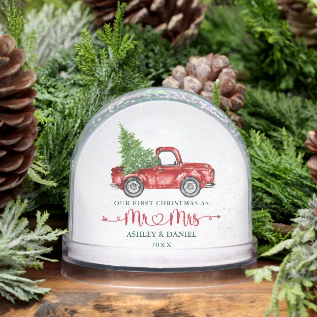 Calligraphy Heart Our First Christmas Red Truck Snowglobe (Winter)