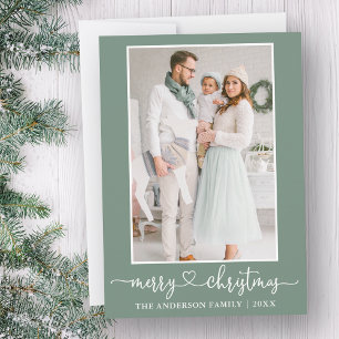 Calligraphy Heart Photo Merry Christmas Sage Green Holiday Card