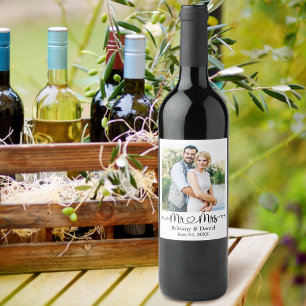 Calligraphy Heart Photo Mr. and Mrs. Wedding  Wine Label