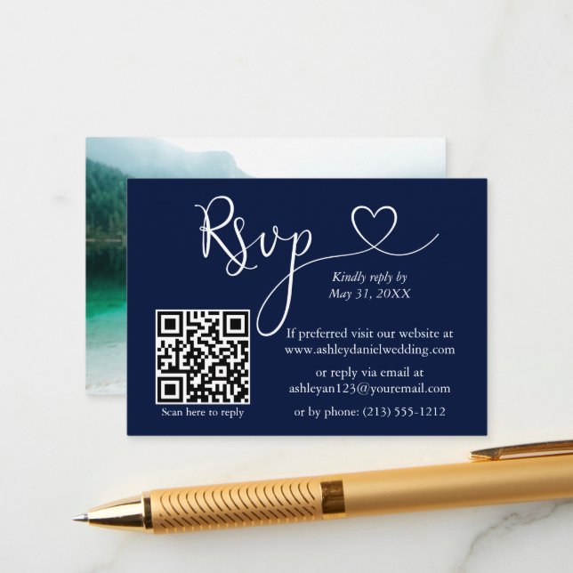 Calligraphy Heart Photo Wedding Blue QR RSVP Enclosure Card (Front/Back In Situ)