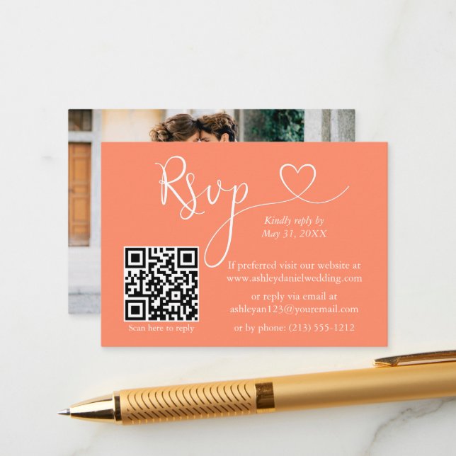Calligraphy Heart Photo Wedding Coral QR RSVP Enclosure Card (Front/Back In Situ)