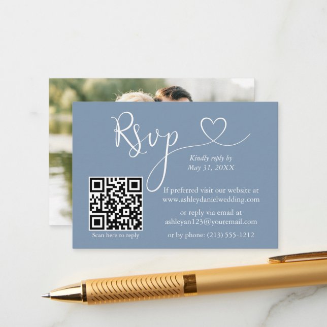Calligraphy Heart Photo Wedding Dusty Blue QR RSVP Enclosure Card (Front/Back In Situ)