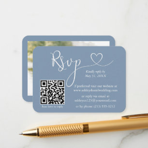 Calligraphy Heart Photo Wedding Dusty Blue RSVP QR Enclosure Card