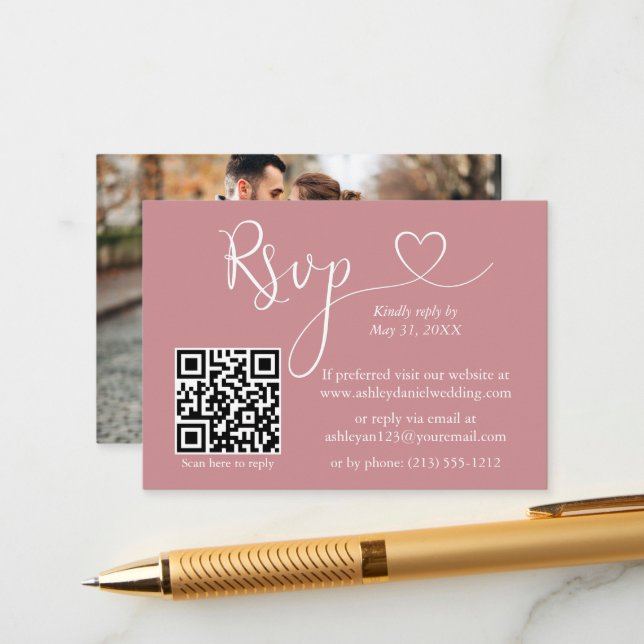 Calligraphy Heart Photo Wedding Dusty Rose QR RSVP Enclosure Card (Front/Back In Situ)