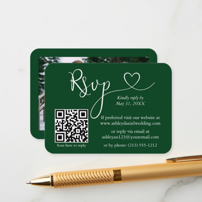 Calligraphy Heart Photo Wedding Green RSVP QR Enclosure Card (Front/Back In Situ)
