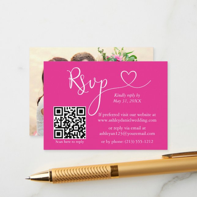Calligraphy Heart Photo Wedding Hot Pink QR RSVP Enclosure Card (Front/Back In Situ)