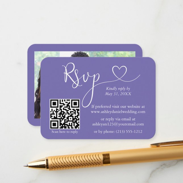 Calligraphy Heart Photo Wedding Periwinkle RSVP QR Enclosure Card (Front/Back In Situ)