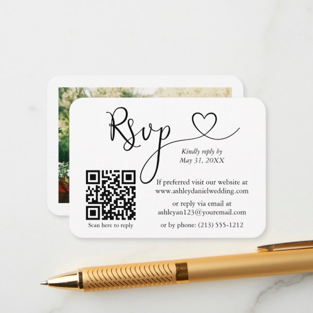 Calligraphy Heart Photo Wedding RSVP QR White Enclosure Card (Front/Back In Situ)