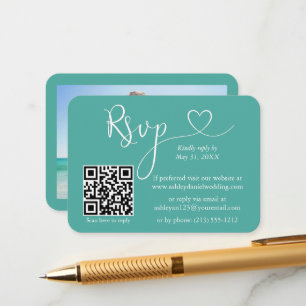 Calligraphy Heart Photo Wedding Teal RSVP QR Enclosure Card