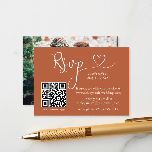 Calligraphy Heart Photo Wedding Terracotta QR RSVP Enclosure Card (Front/Back In Situ)