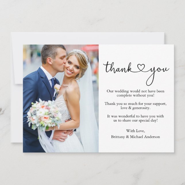Calligraphy Heart Photo Wedding Thank You Card (Front)