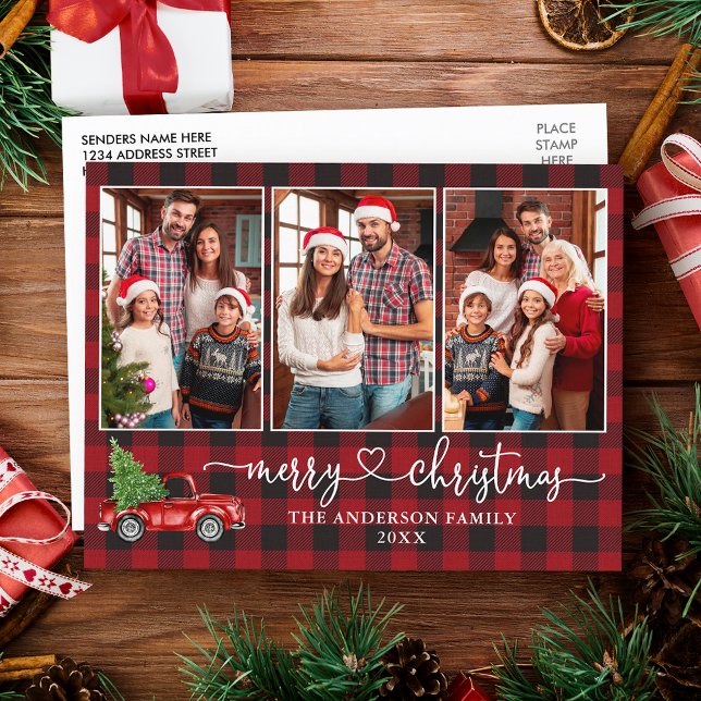 Calligraphy Heart Plaid 3 Photo Christmas Truck Postcard (Customize to change your personalized text size or text style.)