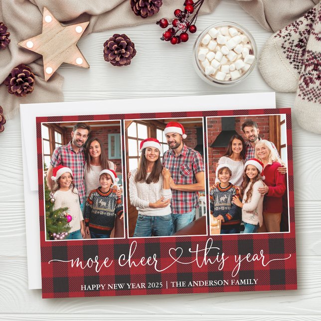 Calligraphy Heart Plaid More Cheer 3 Photo  Holiday Card (Customize to add text to back of card.)