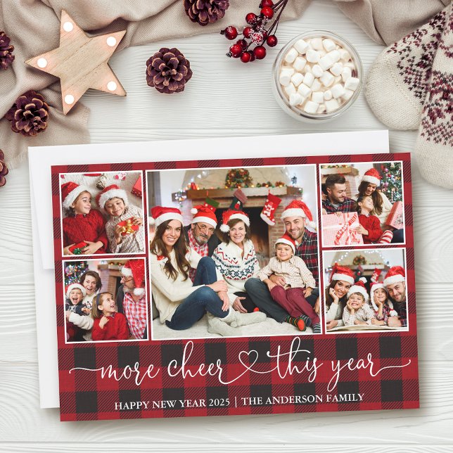 Calligraphy Heart Plaid More Cheer 5 Photo  Holiday Card (Customize to add text to back of card.)