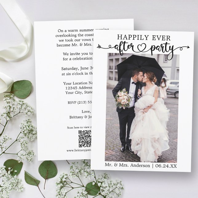 Calligraphy Heart QR Happily Ever After Party Announcement (Customize to change your personalized text size or text style.)