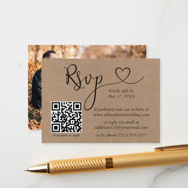 Calligraphy Heart QR Photo Wedding Kraft RSVP Enclosure Card (Front/Back In Situ)