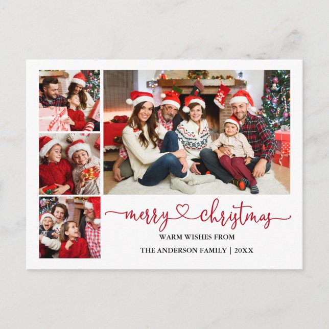 Calligraphy Heart Red Christmas 4 Photo Holiday Postcard (Front)