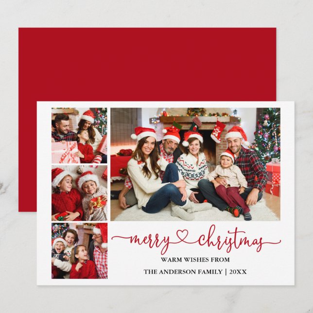 Calligraphy Heart Red Christmas 4 Photos Holiday Card (Front/Back)